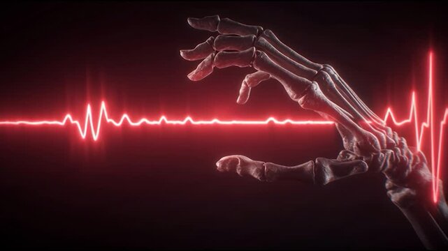A skeletal hand reaching towards a glowing red heartbeat line against a dark background, symbolizing life and mortality.