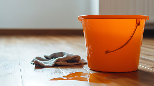 Indoor flood clean-up shows a vivid orange bucket collecting water, accompanied by a grey towel, against a wooden floor, reflecting light in a minimalist setting.