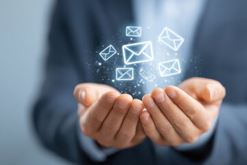Hands holding glowing email icons