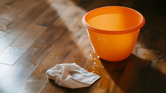 A vivid orange bucket and a crumpled white cloth sit on a wooden floor, surrounded by water droplets. The scene captures a moment of domestic mishap or diligent cleanup.