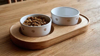 Ceramic Pet Bowls in Wooden Base with Dry Food on Table