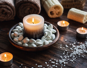 Spa still life with candles, towels, loofah sponges, and white pebbles.