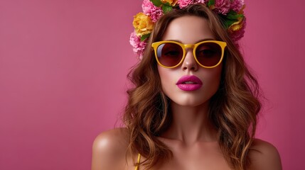 Fototapeta premium Woman Wearing Floral Headpiece and Yellow Sunglasses