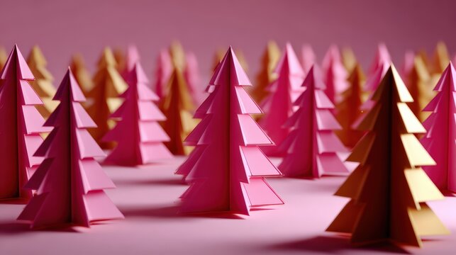 Bright Pink and Yellow Origami Trees on Pink Background - Powered by Adobe
