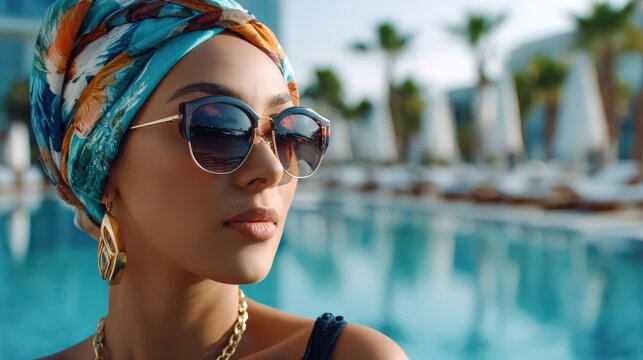 Stylish Woman with Headwrap and Sunglasses at Luxury Pool