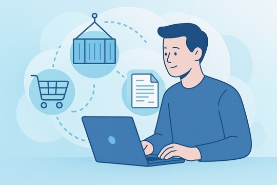 Man Using Laptop for Online Trade and Shipping Management