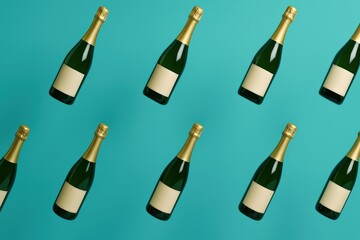 Champagne Bottles Repeating Pattern on Blue Background