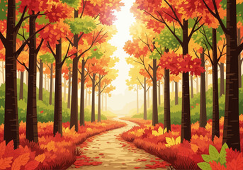 Winding forest path flanked by tall trees displaying vibrant autumn foliage