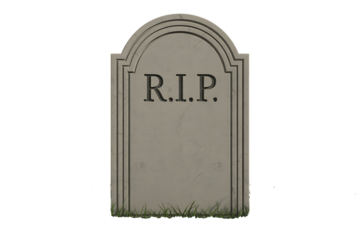 A gravestone with R.I.P. etched on it stands against a white background.