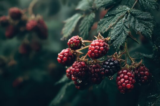 Close-up shot of wild raspberries with dew drops on them, nestled among green leaves. The fruit is a mix of red and black, creating a vivid contrast.