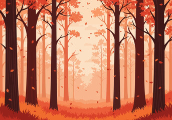 Autumn forest scene with dark tree trunks falling orange leaves and misty background