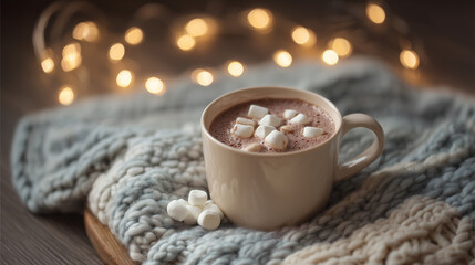 Cup of hot chocolate with marshmallows on wooden table, cozy knitted blanket, fairy lights in background, shallow depth of field, warm tone