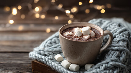 Cup of hot chocolate with marshmallows on wooden table, cozy knitted blanket, fairy lights in background, shallow depth of field, warm tone