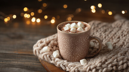 Cup of hot chocolate with marshmallows on wooden table, cozy knitted blanket, fairy lights in background, shallow depth of field, warm tone