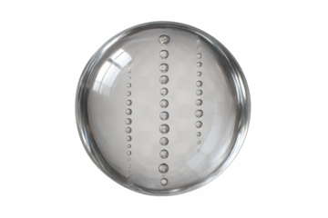 Transparent glass sphere containing small air bubbles forming three vertical lines, isolated on transparent background