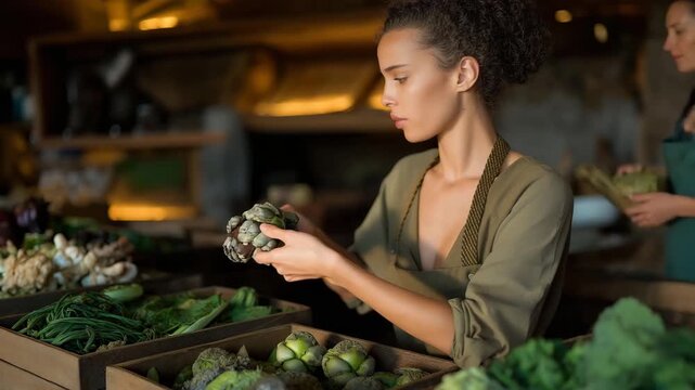 Yoga studio session with Indian instructor arranging fenugreek and eggplant in wooden crates for post-class snacks, mindful organic farming, zen vegetable arrangement, sustainable wellness harvest,