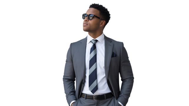 A confident businessman in a suit and tie stands with his hands in his pockets against a white background. - Powered by Adobe
