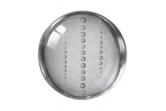 Transparent glass sphere containing small air bubbles forming three vertical lines, isolated on transparent background