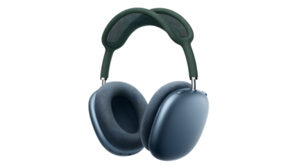 A pair of stylish navy blue over-ear headphones is displayed against a white background.