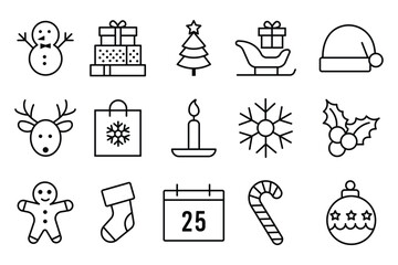 Christmas Icons Set . Flat Festive Holiday Vector Pack. modern thin stroke style.