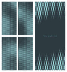 Assorted vector rhombus grid cyan black halftone pattern set in vertical 9:20 aspect ratio including faded frame and various smooth blurred textures. Varied half tone graphic design elements pack