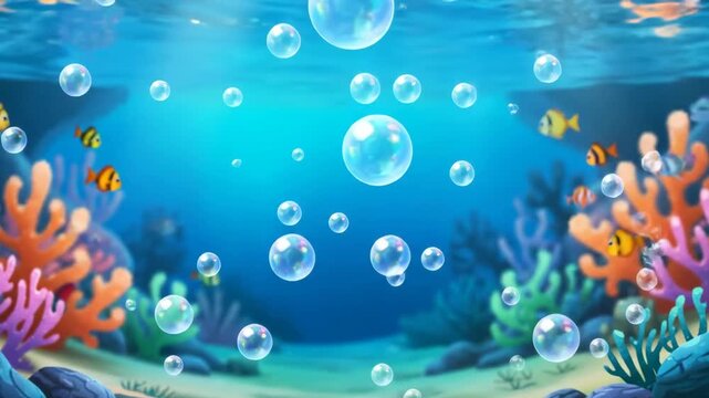 Underwater scene with animated bubbles and colorful coral reefs