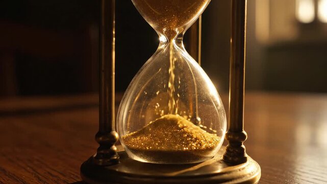 Hourglass measuring time with golden sand trickling down. Classic timekeeping device symbolizing deadlines and history. Static close-up view.