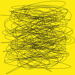 Tangled scribble drawing. Black wire texture. Abstract chaotic Vector pattern. Bright yellow background.