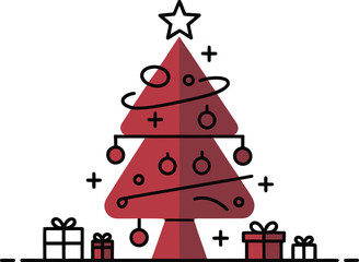 Festive red christmas tree decorated with ornaments and star surrounded by wrapped gifts on white background