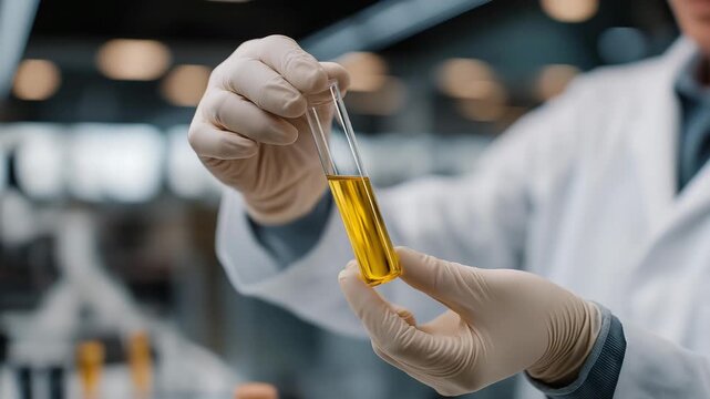 A futuristic laboratory scene reveals gloved hands lifting a glowing vial, representing biotechnology, genetic research, pharmaceutical development, and groundbreaking scientific discovery.