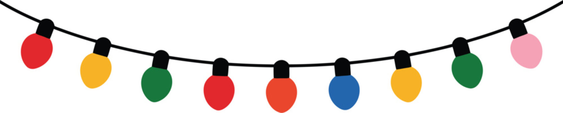 A string of colorful festive christmas lights in various vibrant colors hanging on a dark wire against a white background
