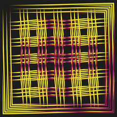 Woven line pattern. Chaotic thread structure. Yellow pink Vector warp. Dark backdrop element.