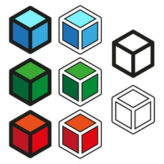 Geometric cube icons. Three dimensional symbol set. Colored outline Vector graphic. Object building element.