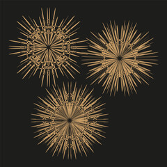 Sparkling firework bursts. Festive gold explosion. Celebration abstract Vector image. Dark night background.