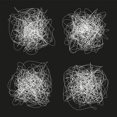 Scribble line drawing. White chaotic pattern. Abstract messy Vector texture. Dark background design.