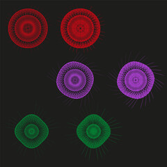 Round geometric patterns. Vibrant color shapes. Abstract circular Vector design. Black background set.