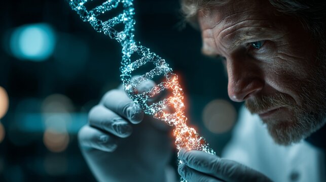 Innovative genetic research at the cutting-edge laboratory. Virtual interface. Genetics specialist delving deep into digital dna sequences in a high-tech lab. Futuristic screens. Neon interfaces.
