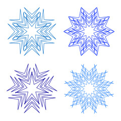 Blue snowflake crystals. Winter cold icons. White background Vector. Gradient star shapes.