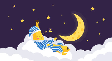 Naklejka premium A Sleeping Banana Adrift in Dreamland Under a Peaceful Crescent Moon