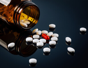 Pills spilling from a brown medicine bottle on a dark surface.