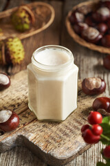 Homemade horse chestnut ointment or cream in a glass jar