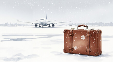 Brown suitcase on snowy ground with airplane in background for Winter Holiday Travel  