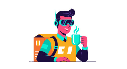 Delivery Worker Relaxing With Cup Of Coffee Futuristic Style Vector Illustration