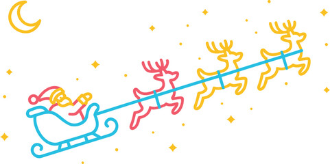 Santa claus and reindeer flying through the night sky with stars and a crescent moon