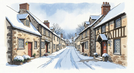 Fototapeta premium Snowy village street with charming houses in winter scene - Concept of Winter Holiday Travel 