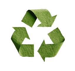 A stylized, textured recycling symbol. Green, textured arrows form a circular pattern, suggesting a three-part cycle