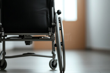 Close-up shot of an unoccupied wheelchair positioned on a polished surface. The wheelchair symbolizes accessibility, health, and assistive technology in the context of daily living.