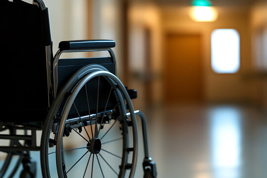 Close-up of an empty wheelchair parked in a brightly lit hospital corridor, suggesting themes of healthcare, accessibility, and rehabilitation.