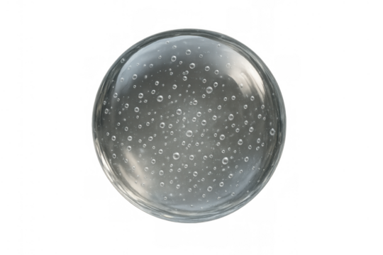 Glass sphere with trapped air bubbles creating abstract transparent textured orb, clear background