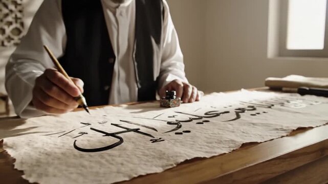Closeup of a calligraphers hand meticulously writing Arabic script on aged paper with a traditional pen and ink.